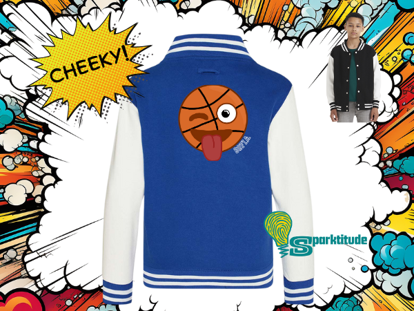 Winking Basketball Smiley Face  Personalised Name Varsity Jacket - Children’s Sizes - Image 2