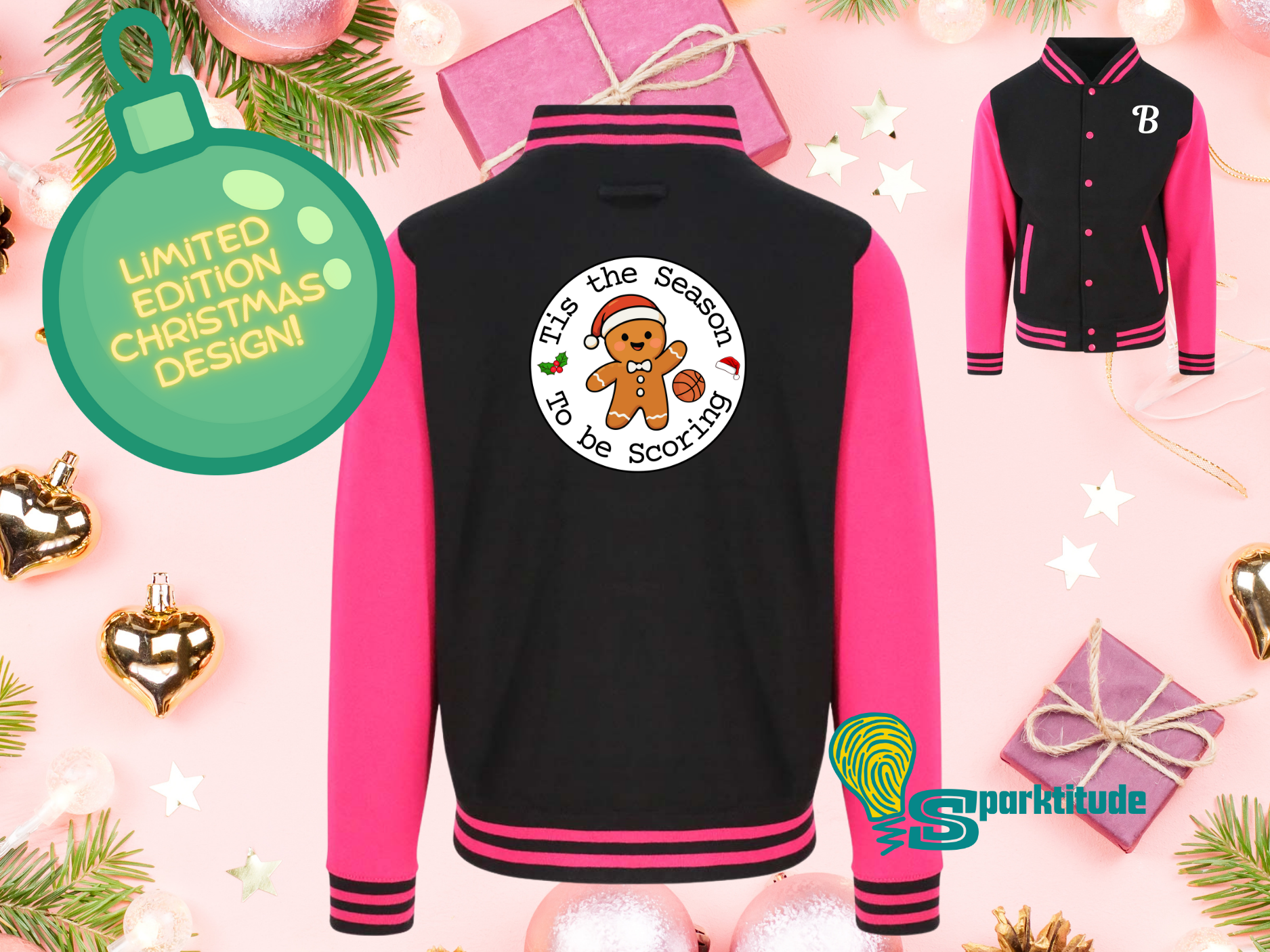 Gingerbread Man Basketball Christmas Varsity Jacket - Children’s Sizes - Image 2