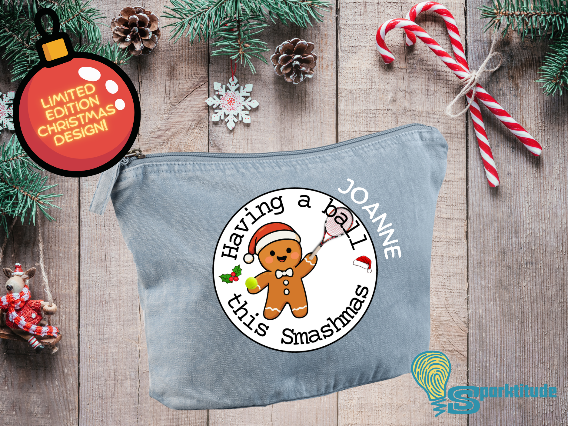 Gingerbread Man Tennis Christmas Recycled Cotton Accessory Bag