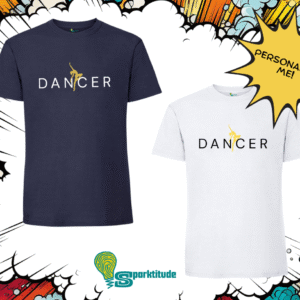 White and black t-shirts featuring the "I'm a dancer" design. The design shows the logo text in a contrasting colour to the t-shirts, with a metallic gold figure of a dancer set in the middle of the word.