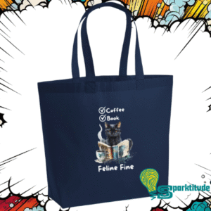 Dark tote bag featuring our exclusive book, cat, and coffee lovers' design on a comic book style background.