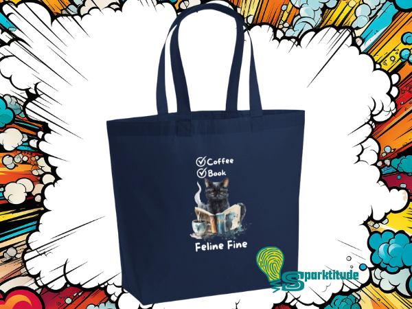 Dark tote bag featuring our exclusive book, cat, and coffee lovers' design on a comic book style background.