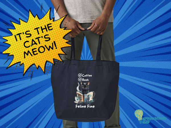 Dark tote bag featuring our exclusive book, cat, and coffee lovers' design on a comic book style background.